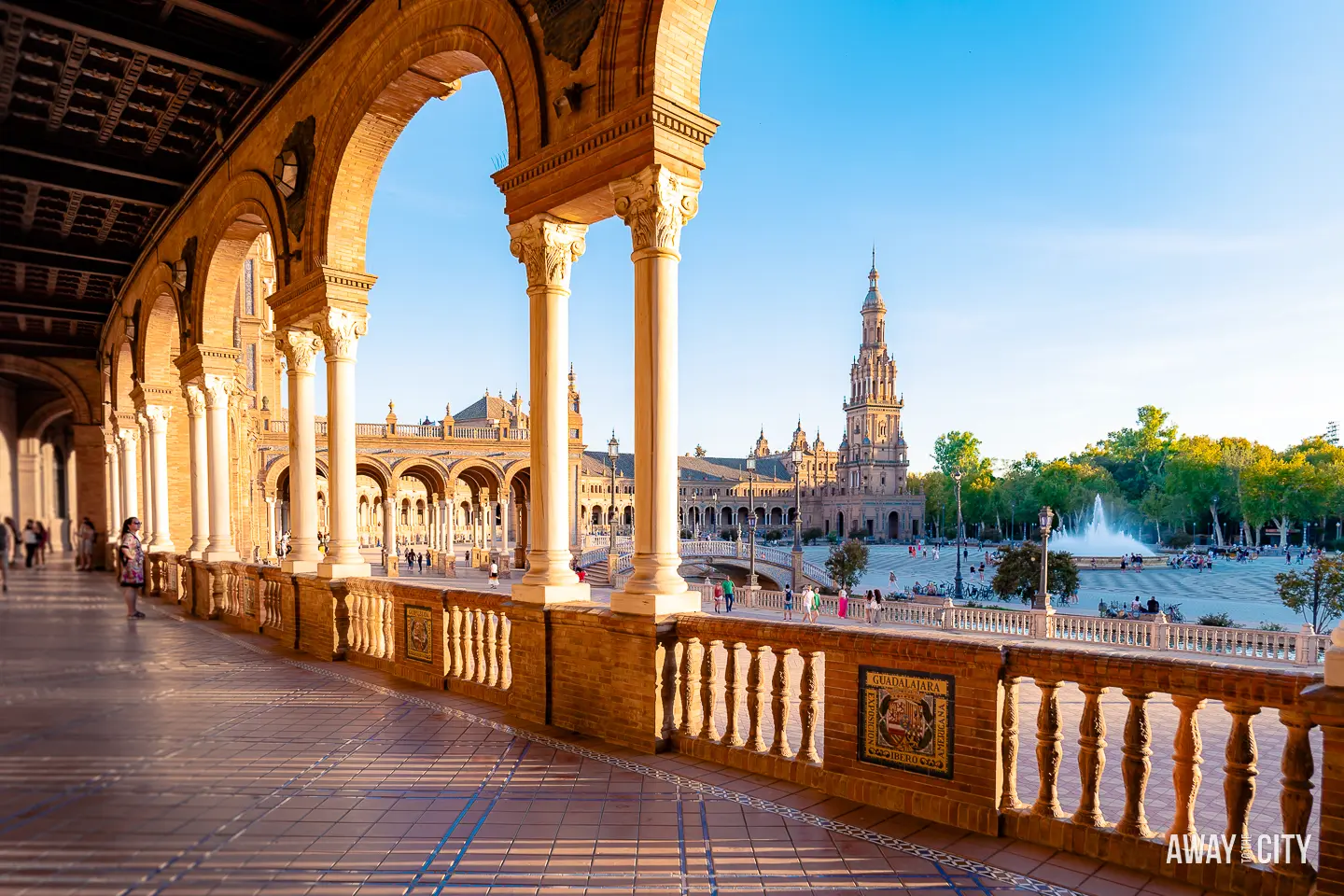 Spain-Seville-Plaza-de-Espana-Hallway-Columns-Fountain-Sunset-2